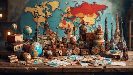 Collection of miniature landmarks and travel memorabilia arranged on a wooden table before a world map
