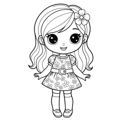 Fototapeta premium Cute cartoon girl in floral dress, ready for coloring