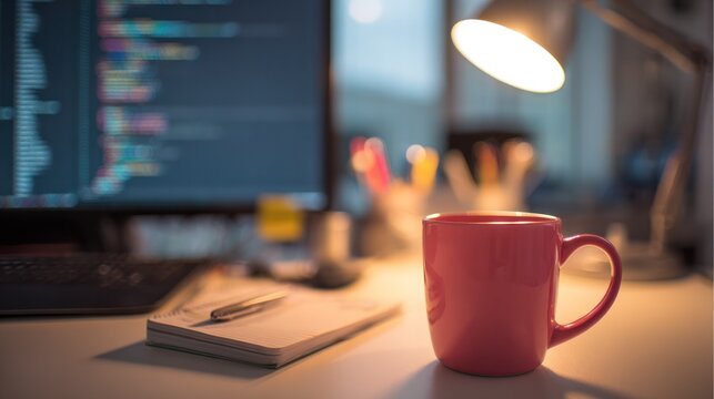 Workstation of a programmer with empty notebook and coffee mug under soft warm desk lighting