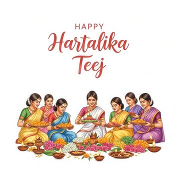 Hartalika Teej Festival with Goddess Parvati, Traditional Indian Women Celebrating Hartalika Teej Puja with Mehendi, Sweets, and Festive Decor