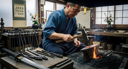 Master Craftsman Forging Metal, Sparks Fly in Traditional Japanese Workshop. Ancient Techniques, Timeless Skill, Concentrated Effort, Creates Beauty From Fire And Steel.
