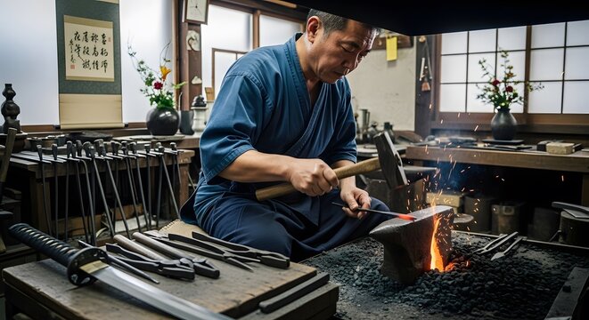 Master Craftsman Forging Metal, Sparks Fly in Traditional Japanese Workshop. Ancient Techniques, Timeless Skill, Concentrated Effort, Creates Beauty From Fire And Steel.