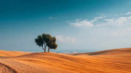 Fototapeta premium A green tree on a yellow wheat field