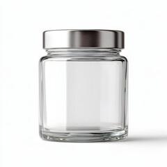 blank mockup of clear glass jar with metal lid on white background