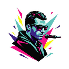 Colorful graphic portrait of a man holding a microphone, stylized in a vibrant pop art style.