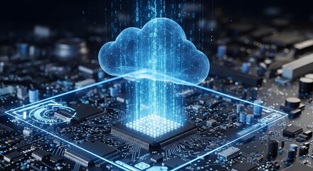 Digital Cloud Data Processing A luminous cloud streams data onto a central processor, illuminating the complex circuitry beneath. The future of technology shines bright.