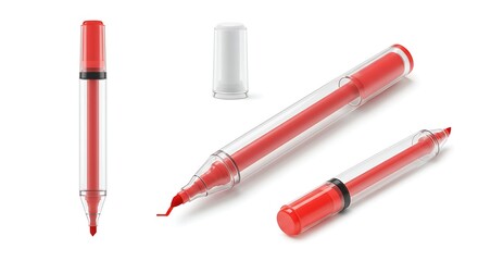 Realistic 3D render of a red highlighter pen set for marking and emphasizing text on a white background.