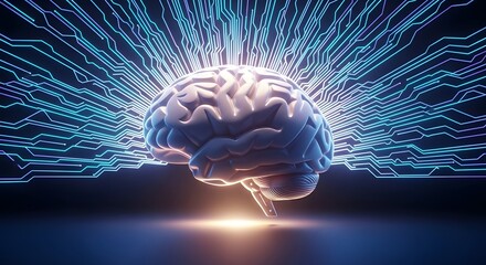 Illuminated Brain Digital Neural Connections,a3Dmodeldepictingthecomplexinterplayofmindandtechnology,glowingwithinnerlight