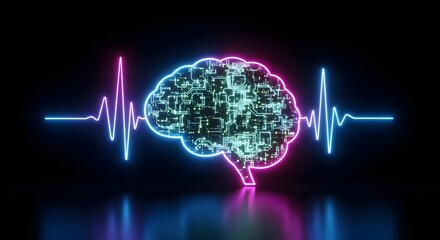 Digital Mind A vibrant neon brain pulses with circuitry, mirroring a dynamic heartbeat, symbolizing the fusion of technology and consciousness.