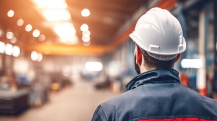 Industrial engineer with protective helmet standing in a modern factory, soft-focus machinery background