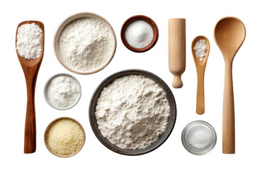 Baking preparation with flour kitchen food photography home top view. Isolated on transparent background, png.