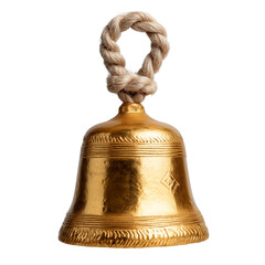 Traditional golden bell with rope handle isolated on white
