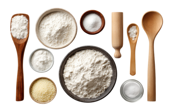 Baking preparation with flour kitchen food photography home top view. Isolated on transparent background, png.