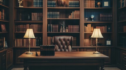 Study Room Interior Design with Antique Bookshelves and Leather Chair