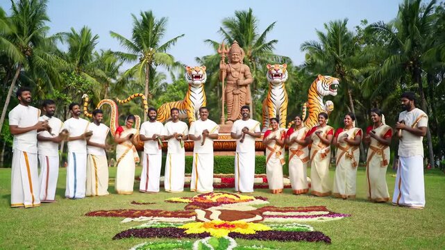Onam festival celebration Kerala, India with group of men and women traditional attire, standing before floral rangoli, palm trees, tiger statues, expressing joy, unity, and honoring Indian tradition