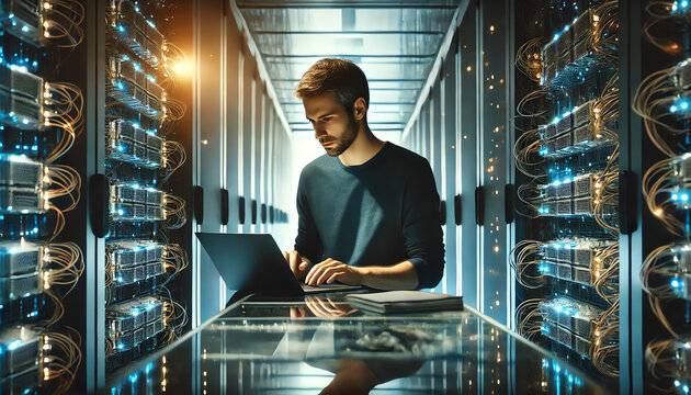 A professional IT technician working in a modern data center, surrounded by tall server racks filled with blinking lights and neatly arranged cables