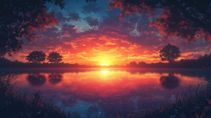 Obraz premium Vibrant sunset reflecting on calm lake with trees