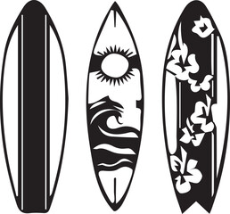 A Trio of Surfboards Sporting Unique Designs a Blend of Stripes Sun Waves and Floral Patterns in Black and White