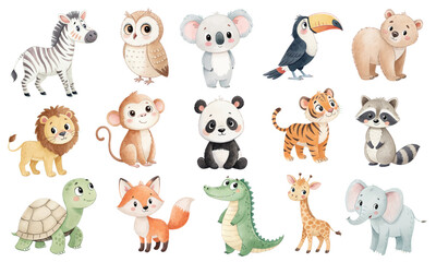 Obraz premium Watercolor Cute Baby Safari and Jungle Animals Clipart Set