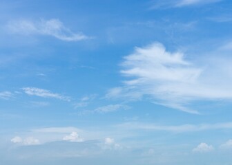 White, wispy clouds in a bright blue sky over a stunning sea