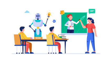 Robot assisted learning and education in classroom with teacher and students vector illustration