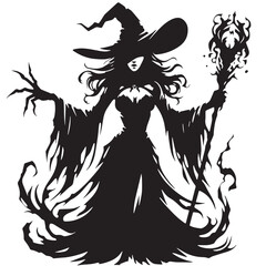 Obraz premium black Evil sorceress Silhouette Vector, High Quality Illustration on White Background