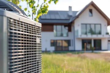 Air conditioning unit in foreground with modern house in background, showcasing energy-efficient design and green landscaping, highlighting contemporary architecture and outdoor living space