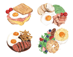 Breakfast Toast with Bacon and Egg draw by digital watercolor clipart set
