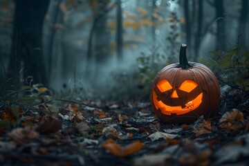 Glowing jack-o'-lantern in a forest on Halloween surrounded by fallen leaves, illuminated by soft light, creating a spooky atmosphere in an autumn setting