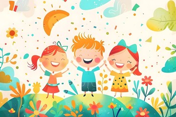 Colorful illustration of three joyful children playing outdoors, surrounded by vibrant flowers and playful elements, capturing the essence of childhood happiness and friendship