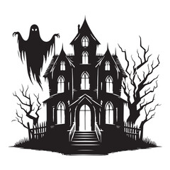 black Ghost inside haunted house Silhouette Vector, High Quality Illustration on White Background