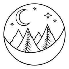 Moon Above Line Art Mountains