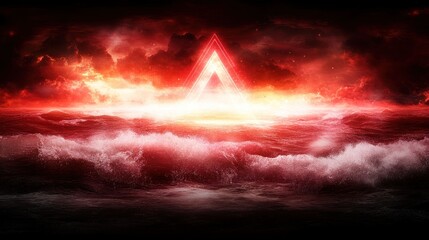 Apocalyptic Seascape: Crimson Sky and Glowing Triangle