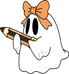 Cute Retro Groovy Cartoon Halloween Ghost Drawing Pencil with Bow Illustration