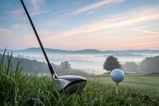 A white golf ball sits on a tee, ready for a powerful swing with a driver across the green summer course