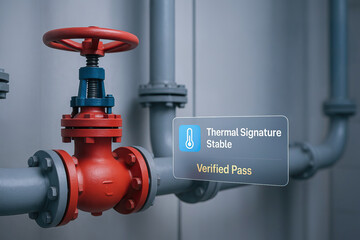 Thermal signature stable verified pass label on industrial red valve with blue handle and gray pipes in background, indicating temperature control and safety compliance