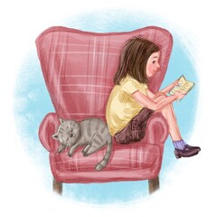  girl with book and kitten