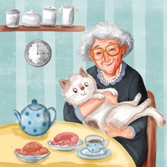 illustration of grandma with cute cat