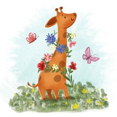 cute giraffe with flower band for greeting on birthday card