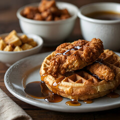 Chicken and waffles are a unique combination of fried chicken and waffles. Crispy fried chicken topped with maple syrup creates a captivating sweet-and-salty combination.