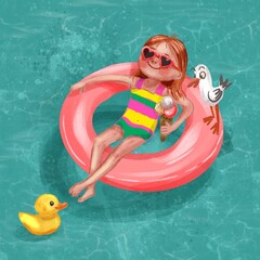fun summer illustration of gorl in pool