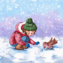 winter illustration with little girl and bird