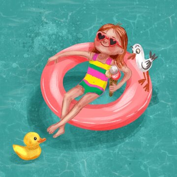fun summer illustration of gorl in pool