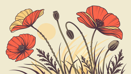 Vintage poppy flower illustration for botanical art print and floral pattern design with retro style art