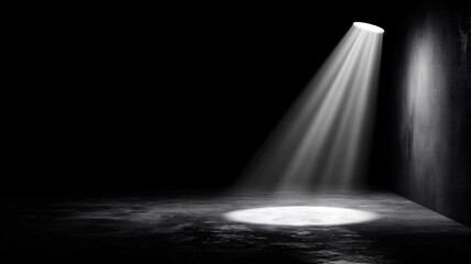 Intense Spotlight On Dark Background White Light Beam And Dust Particles