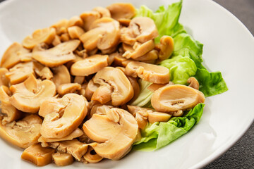 champignon slices canned mushrooms salad fresh delicious gourmet food background on the table  rustic food top view copy space keto and paleo diet vegetarian and vegan food