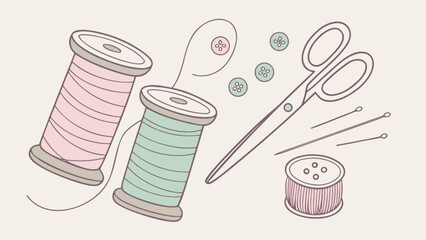 Sewing craft supplies vector art: thread spools, buttons, scissors and needles illustration for diy projects