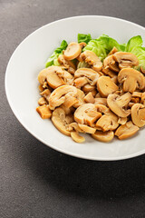 champignon slices canned mushrooms salad fresh delicious gourmet food background on the table  rustic food top view copy space keto and paleo diet vegetarian and vegan food