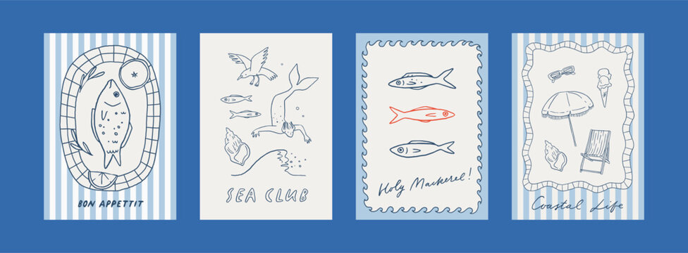 Set of Mediterranean summer whimsical print stamps. Coquette coastal hand drawn vector poster collection. Nautical decorative fun Italian retro cards. Perfect for summer sea vacation