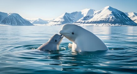 A beluga mother and calf playing in Arctic waters at midday, snow-covered mountains behind.